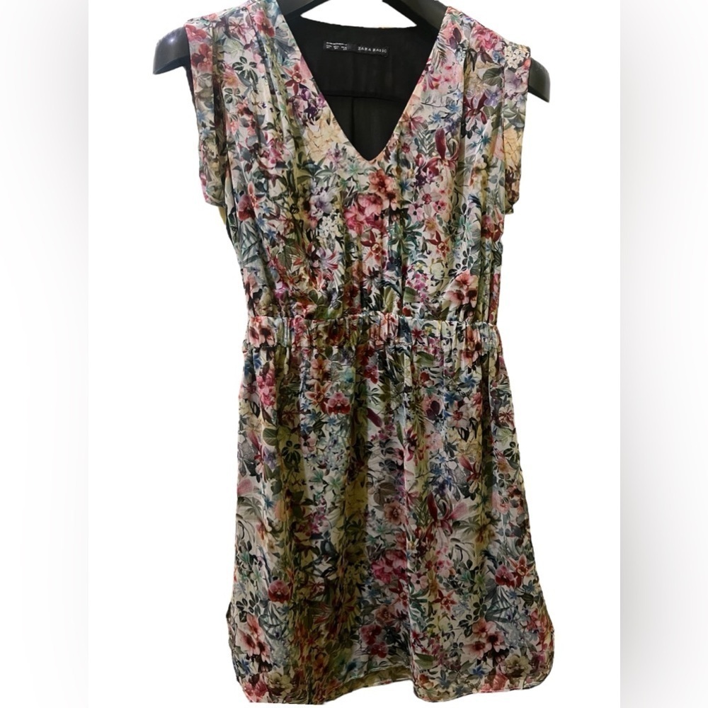 Zara Basic floral Sheer Gathered Front Elastic Waist lined Mini Dress